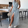 Abito elegante in denim solido con lacci e colletto in risvolto Abito lungo sottile con tasca senza maniche casual Abiti da festa in vita con bottoni alla moda da donna