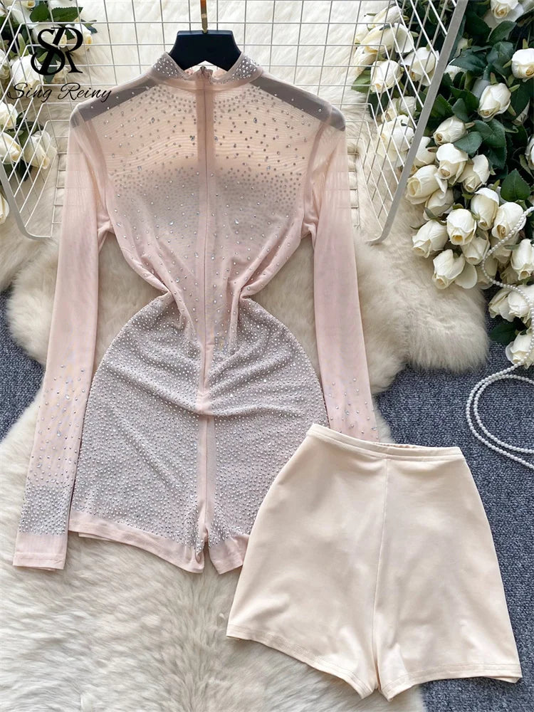 SINGREINY Estate Sottile Sheer Sexy Body Manica Lunga Cerniera Con Pantaloncini Design Pagliaccetti Liste Streetwear Donna Maglia Tute