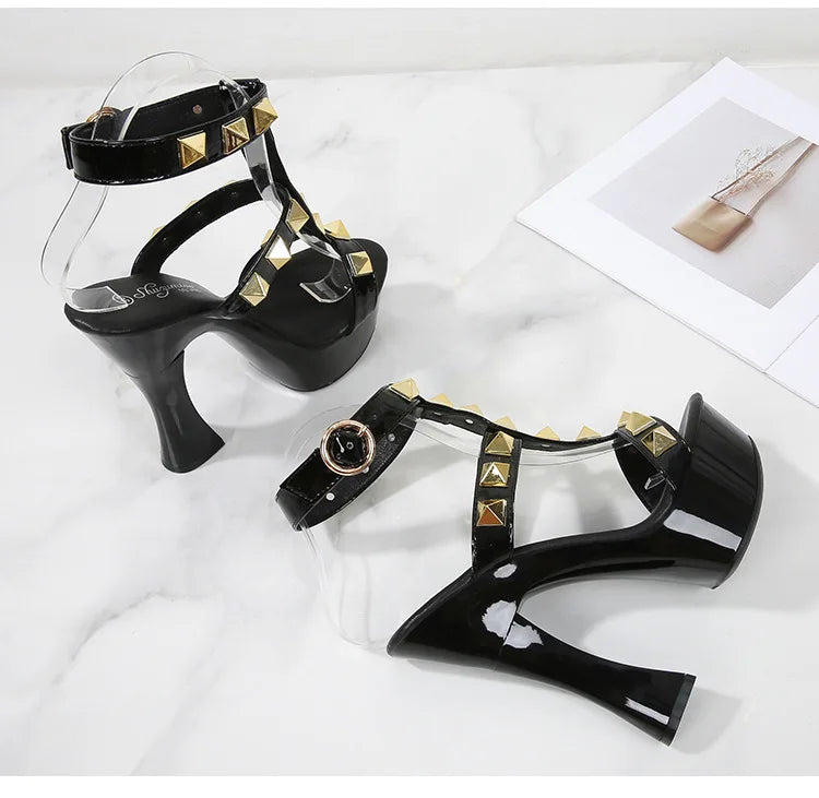 New Rivet Designer High Heels 2025 Fashion Thick Platform Club Women Pumps Sexy Summer Models Sandals White Black Red Woman Shoe