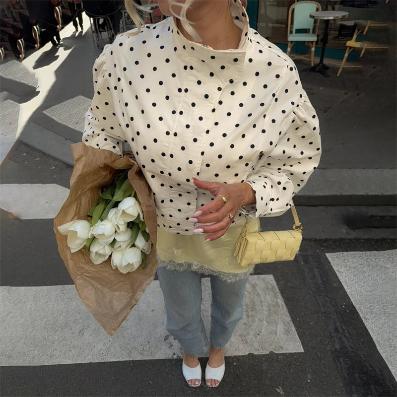 TARUXY Cappotto da giacca con stampa a pois alla moda Colletto alla coreana da donna Cappotto da lavoro a maniche lunghe Ins Hot Short Casual Giacche femminili