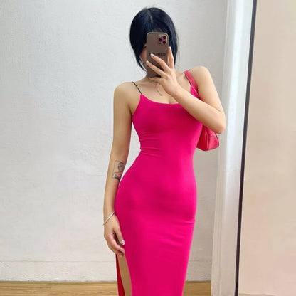 Rimocy Abito lungo sexy con spacco alto per donna Abito estivo aderente senza maniche senza schienale Donna Vacanza Spiaggia Abiti con cinturino per spaghetti