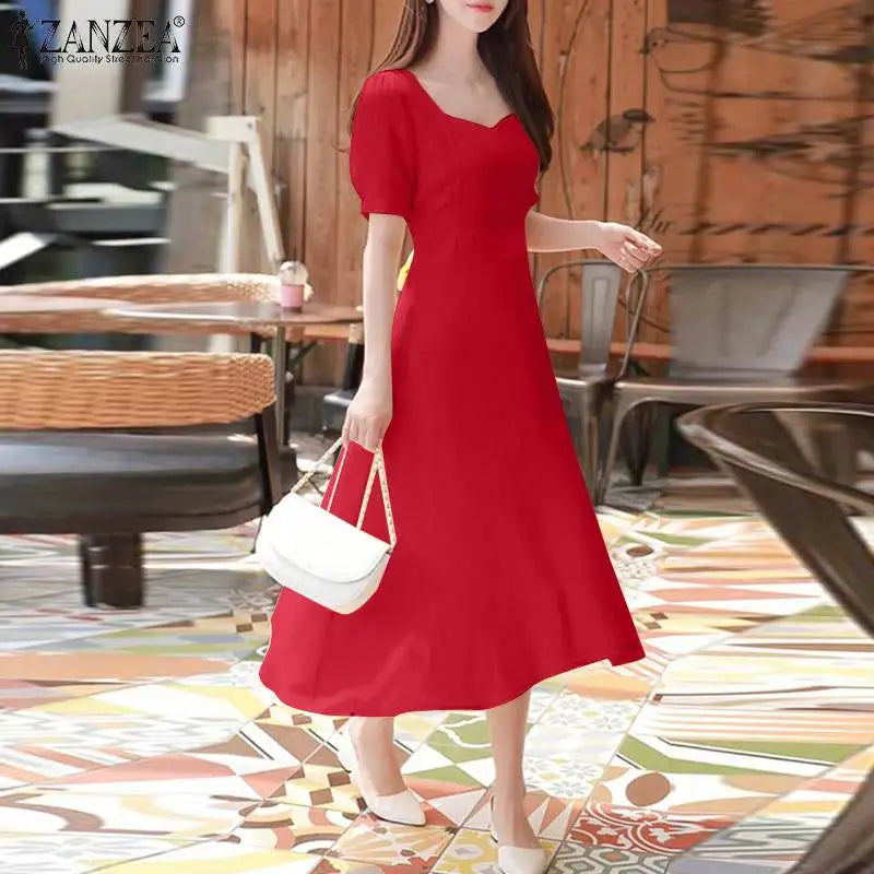 ZANZEA Vita elegante Abiti da festa Abito da sera vintage Donna Puff Manica corta A-line Robe 2024 Abiti da sposa estivi Midi