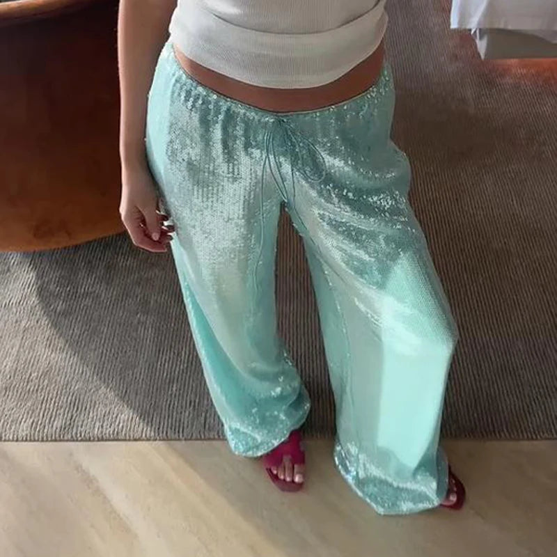 Pantaloni da donna con paillettes, vita bassa elastica, gamba larga, con lacci, estivi 2026, lucidi, vestibilità ampia, per club e feste