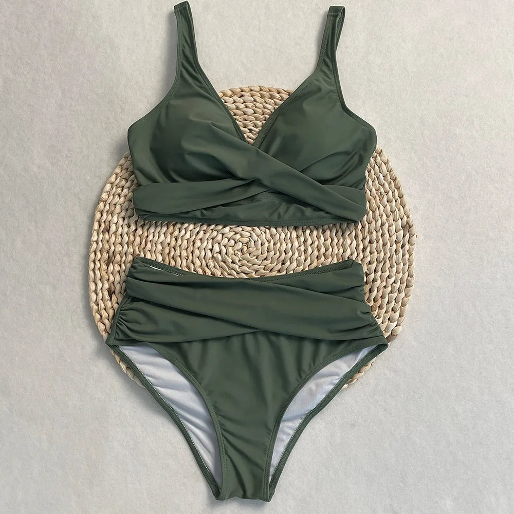 swimsuit ladies Women's High Waist  Bikini Sets Sporty Two Piece Swimsuits Solid Colors High Cut Bathing Suits Women Bikini Sets