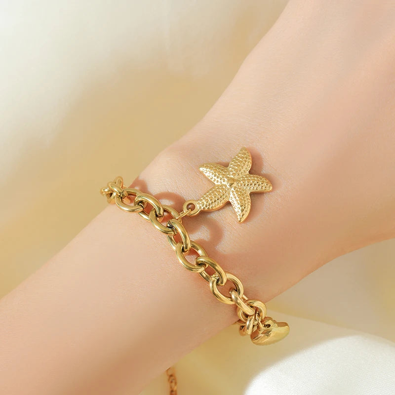 EILIECK Bracciale con ciondolo stella marina luna stella color oro in acciaio inossidabile 316L per le donne Nuovo regalo di gioielli con catena da polso alla moda