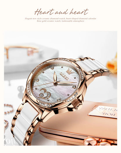OLEVS 6631 Orologi automatici da donna Eleganti orologi da polso meccanici da donna impermeabili con cinturino in ceramica color oro rosa e lunetta con diamanti