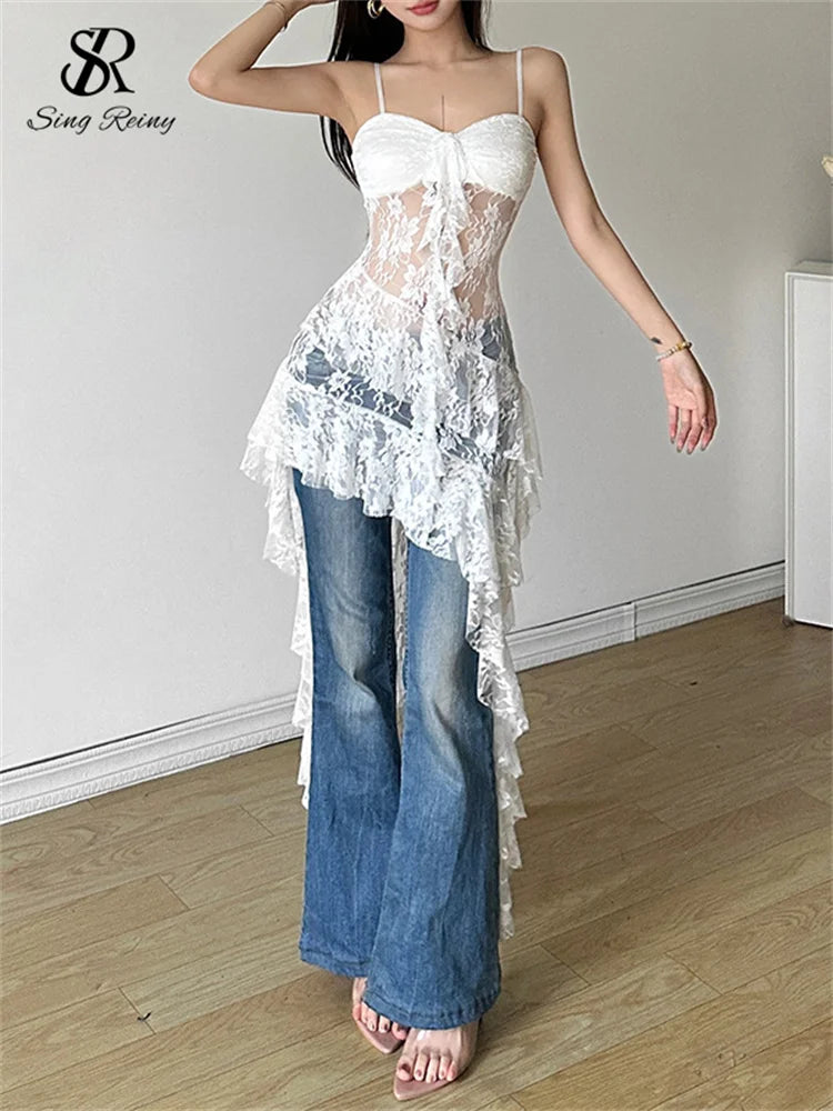 SINGREINY Abito lungo irregolare in pizzo da donna Camis Tubino Sensuale Abito trasparente Moda Streetwear Scava fuori Ruffles Abiti sexy