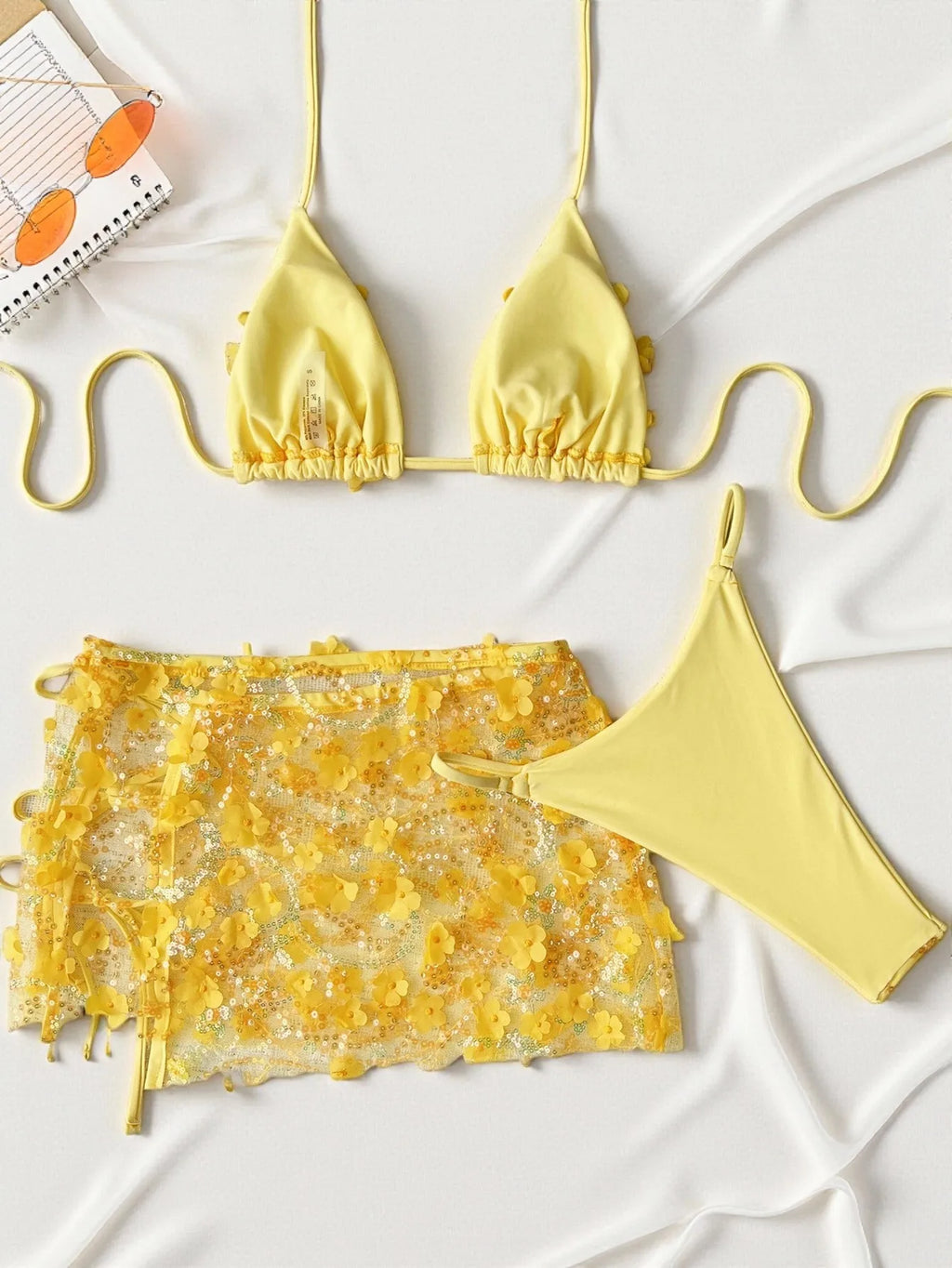 Costume da bagno a 3 pezzi con gonna in rete rosa con paillettes, reggiseno push-up e perizoma, stile brasiliano, per donna, ideale per le vacanze.