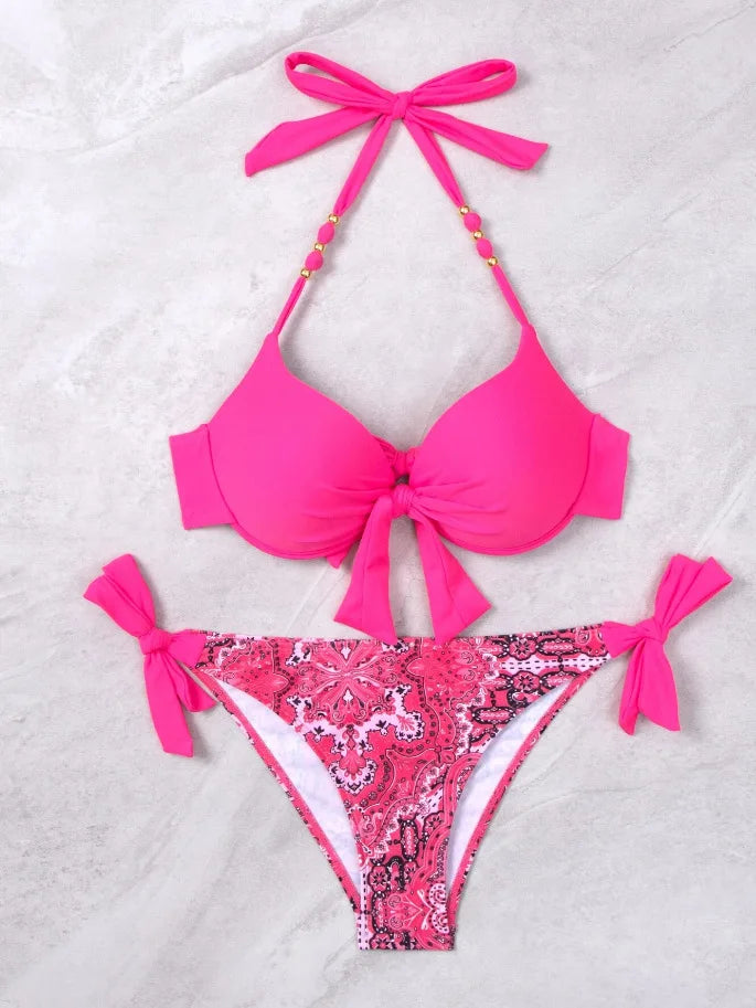 Costume da bagno bikini push-up halter stampato 2026 da donna, sexy, con spalline, per il mare e la piscina