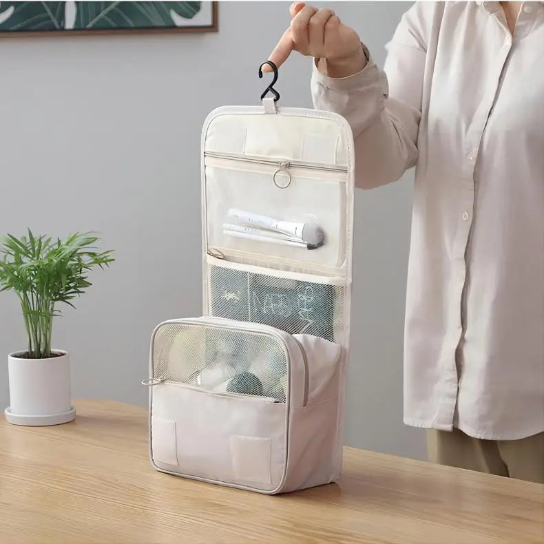 Borsa da Toilette Portatile con Gancio, Multifunzionale, Impermeabile, Resistente all'Usura, Multi-Strato, Grande Capacità, per Trucchi