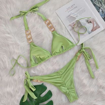 2025 Costume da bagno da donna in 2 pezzi con stringhe di strass e bikini sexy da spiaggia