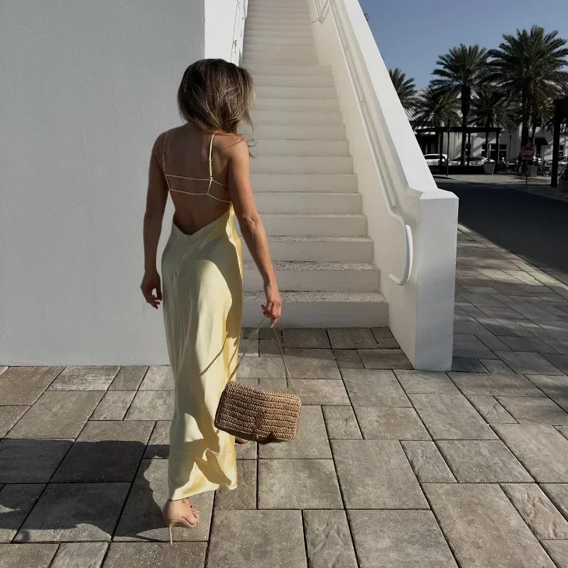 Elegante canotta tinta unita abito lungo slim fit donna moda splicing abiti stringati pieghettati gonna da spiaggia chic per le vacanze da donna