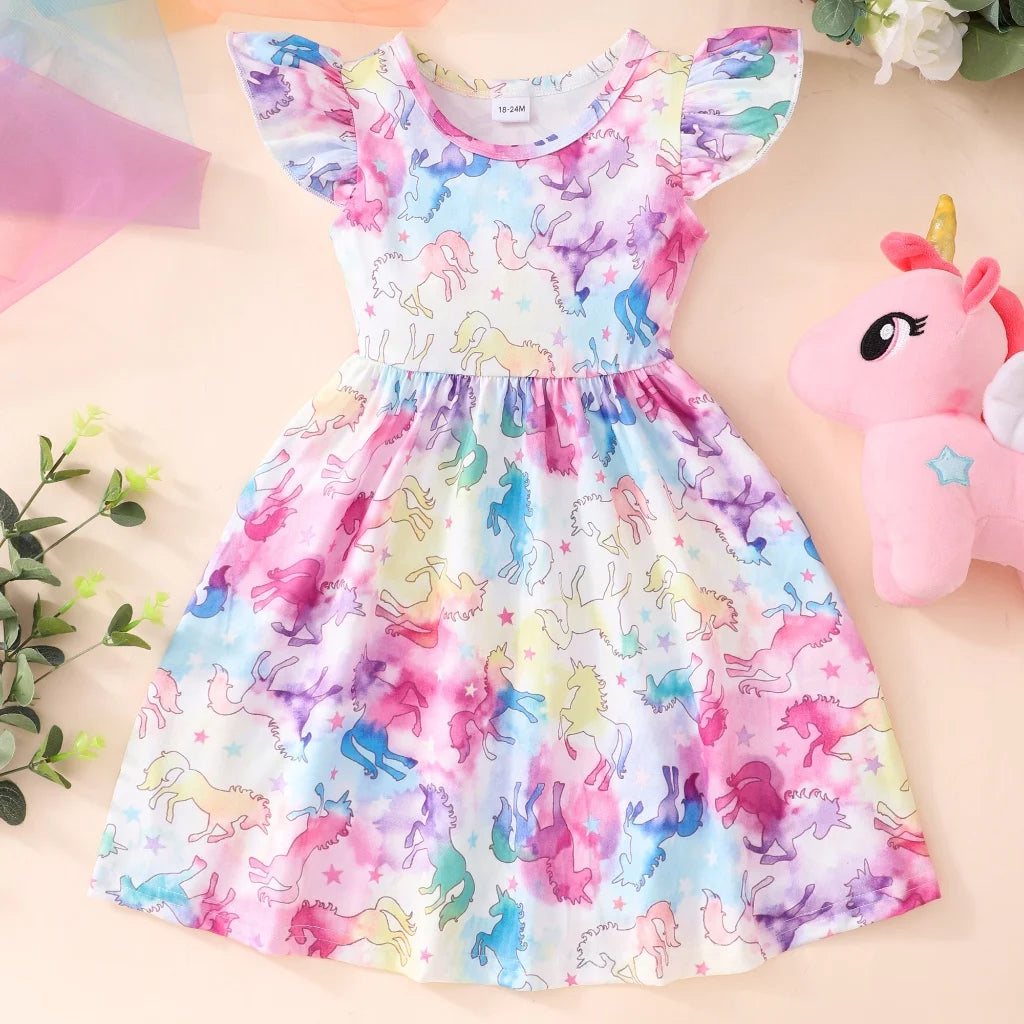 2024 Bambini Vestono Vestiti Della Ragazza Festa di Compleanno Dinosauro Estate Manica Corta Unicorno Neonate Abiti da Principessa 2 3 5 6 7 8 Anni