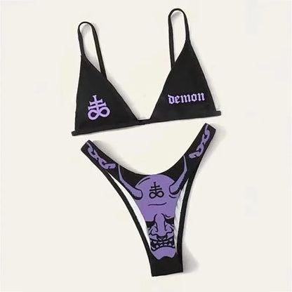 Ensemble bikini imprimé lettres gothiques punk, maillot de bain sexy 2023 pour femmes, motif tête de mort, col en V, maillot de bain tendance
