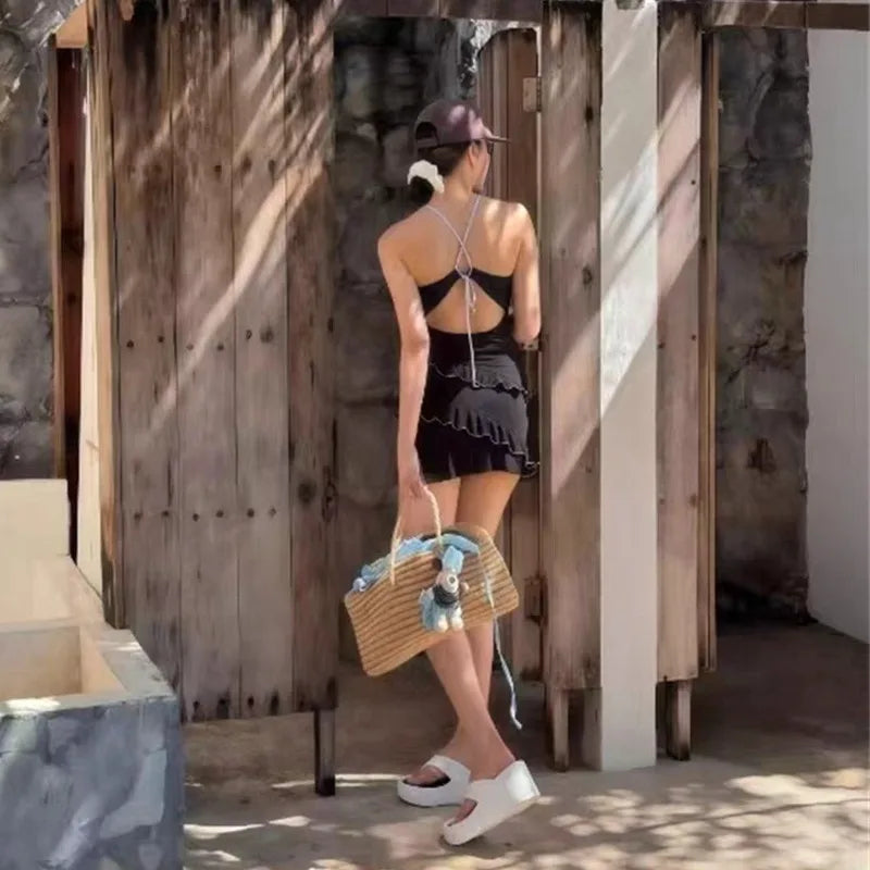 INS Style Sexy Push Up Chest One Piece Swimsuit Women Strap Ruffle Trim Slim Fit Cute Yet Sultry Minimalist for Beach Vacation