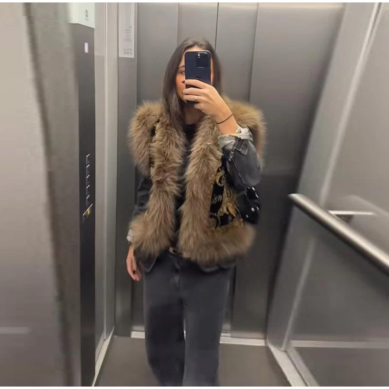 Gilet senza maniche modello Paisley vintage da donna con finiture in pelliccia di procione Gilet moda Capispalla 2025 Autunno Inverno Streetwear