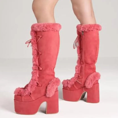 Big Size 46 Winter y2k Pink Knee High Boots Women White Chunky Platform Boots Gothic Black Faux Fur Block High Heels Boots Shoe