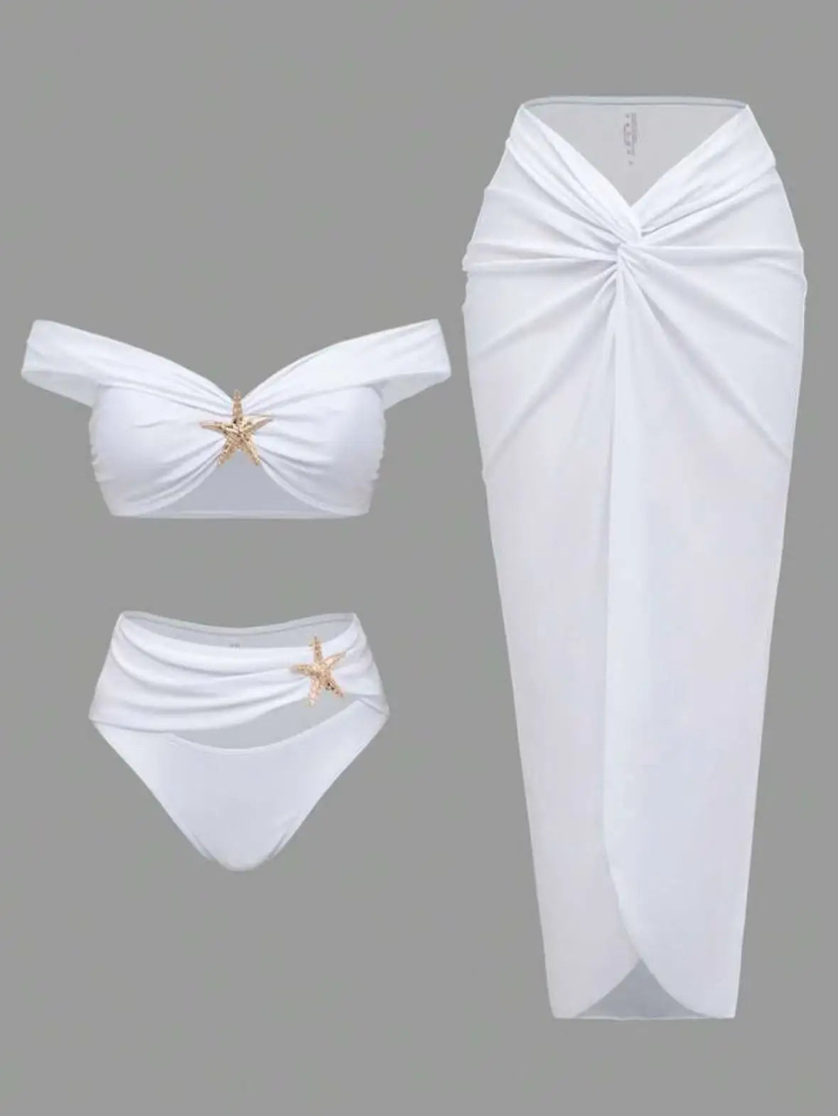 Damen Sexy Bikini Set Beachwear Metallic Seestern Bikini Falten Lange Röcke Dreiteilige Sets Hot Girl Urlaubsstil Badeanzug