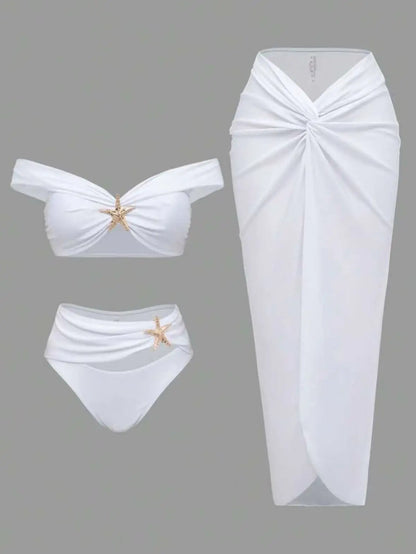 Damen Sexy Bikini Set Beachwear Metallic Seestern Bikini Falten Lange Röcke Dreiteilige Sets Hot Girl Urlaubsstil Badeanzug