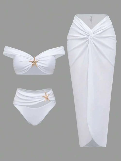 Damen Sexy Bikini Set Beachwear Metallic Seestern Bikini Falten Lange Röcke Dreiteilige Sets Hot Girl Urlaubsstil Badeanzug
