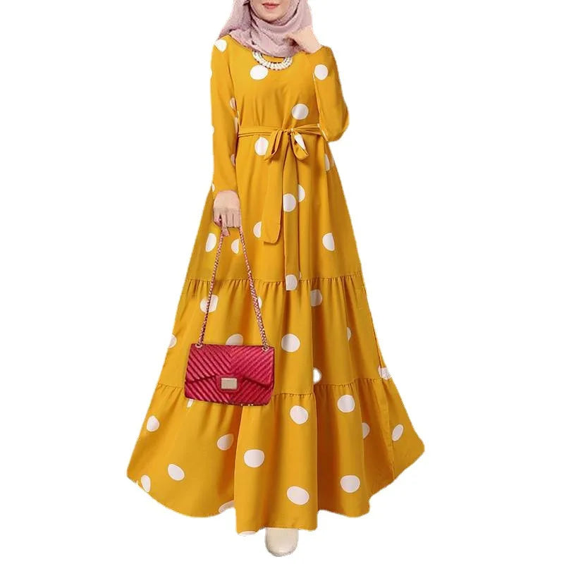 Vestito da donna Eid musulmano Abaya manica lunga O collo Dubai Abaya Ramadan marocco cintura con stampa impiombata abito lungo caftano Casual allentato