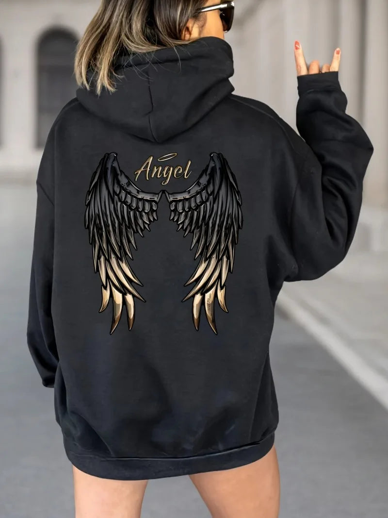 Felpa casual da donna con ali d'angelo, dettaglio grafico con coulisse, tasca a marsupio, perfetta per l'autunno inverno, design giocoso alla moda