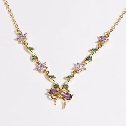 Summer New Fashion Exquisite Bow Leaf Flower Necklace For Women's Elegant Pink Zircon Chain Pendant Jewelry Gifts