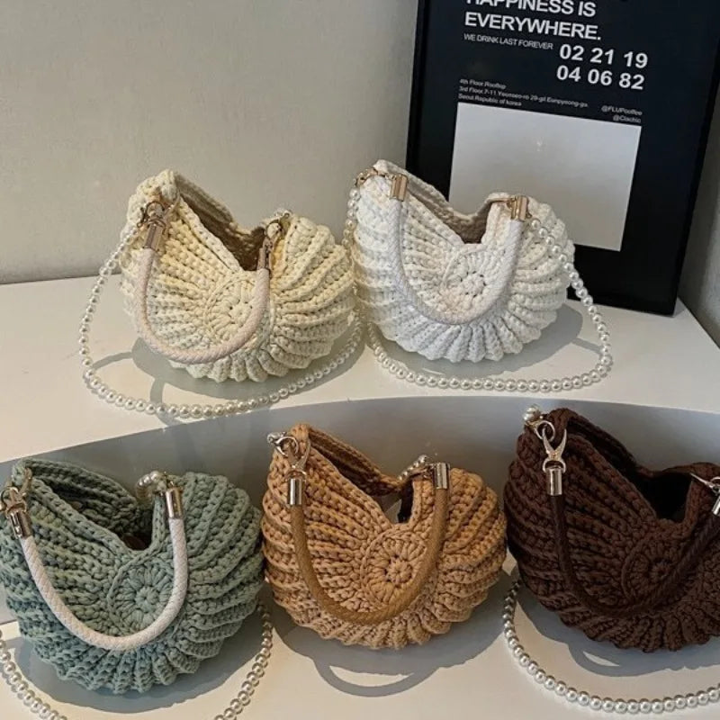 Borse a tracolla da donna all'uncinetto a forma di conchiglia creativa Divertenti catene di perle carine Borsa a tracolla in tessuto fatto a mano Novità piccole borse