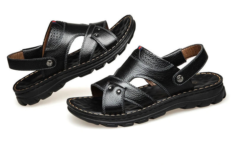Herren-Ledersandalen für den Sommer, rutschfeste Herrenschuhe aus echtem Leder, Hausschuhe, Strandschuhe mit dicker Sohle für draußen, bequeme, weiche Herren-Sandalen