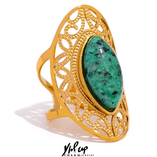 Yhpup Anello aperto in acciaio inossidabile con pietra naturale verde vintage, colore geometrico, gioielli alla moda iperbolici alla moda per le donne