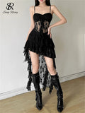 SINGREINY Abito lungo irregolare in pizzo da donna Camis Tubino Sensuale Abito trasparente Moda Streetwear Scava fuori Ruffles Abiti sexy