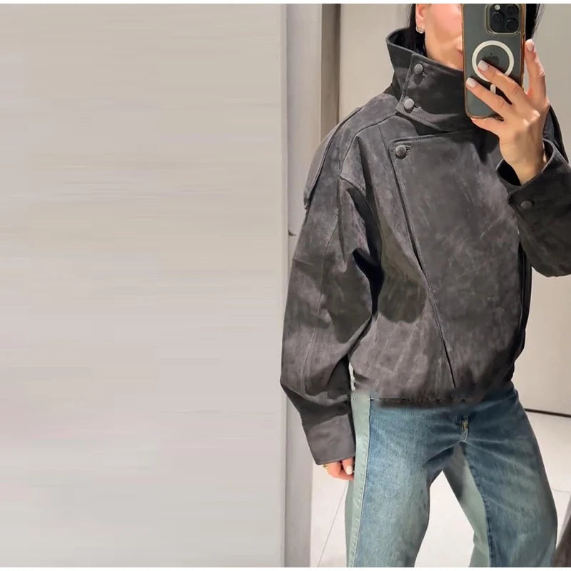 Giacca bomber da donna in camoscio grigio scuro, con colletto alla coreana, maniche lunghe, oversize, asimmetrica, stile street, giacche da donna autunno 2026