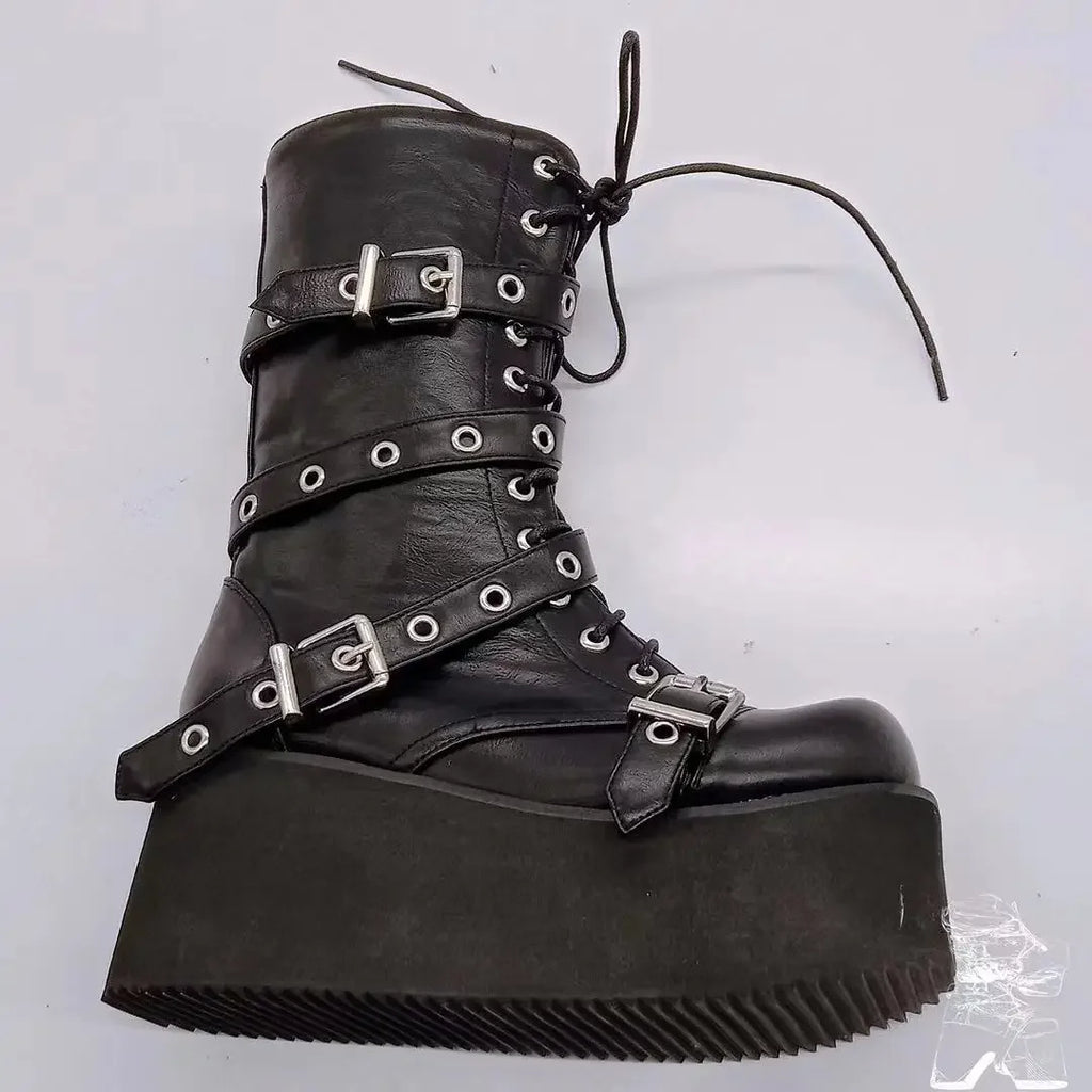 Plus Size 43 Autunno Donna Stivali Fibbia Punta tonda Zeppe Stivali con plateau Punk Goth INS Scarpe da strada da donna Stivali da combattimento per le donne
