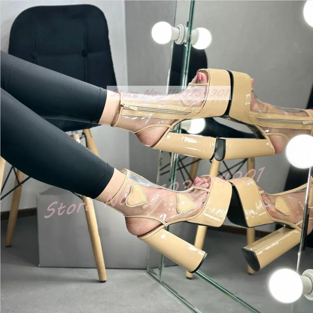 Heart Pvc Bare Heel Ankle Boots Women Platform Side Zip Block High Heels Shoes Ladies Open Toe Sweet Party Sexy Lovely Boots