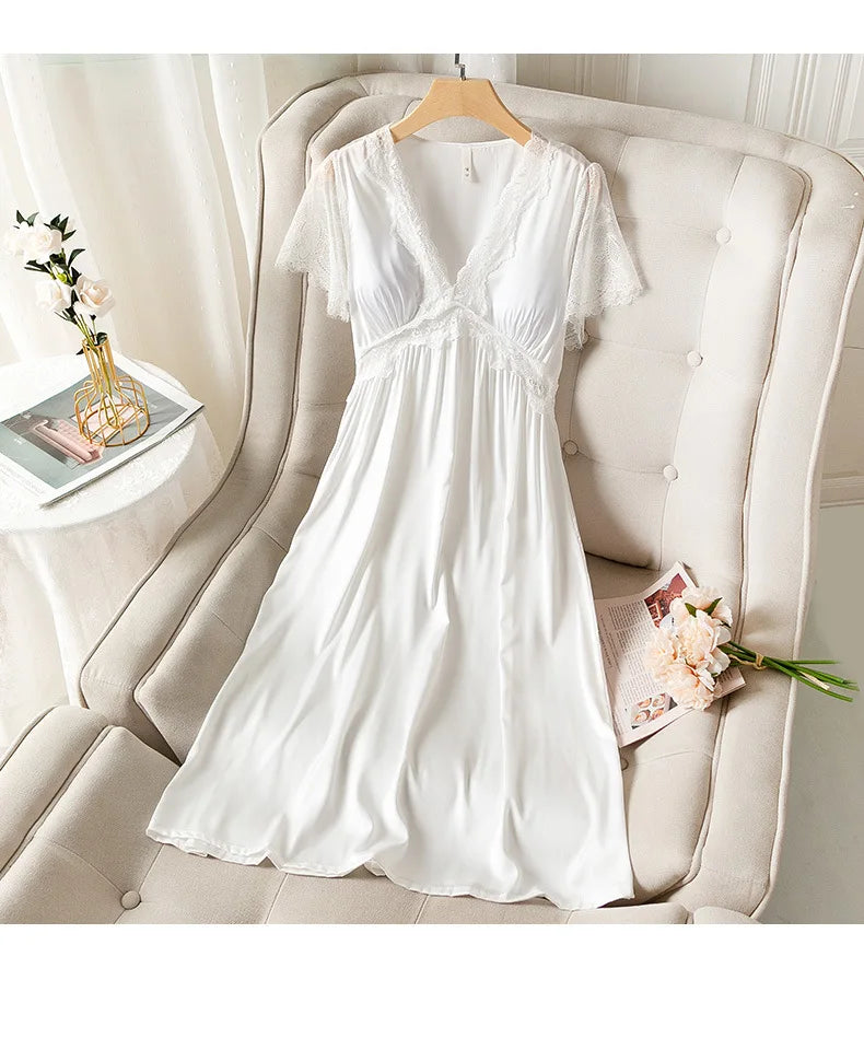 Fdfklak camicia da notte estiva da donna a maniche corte sottile in raso di seta Sexy nuova camicia da notte da notte da notte da donna in pizzo principessa