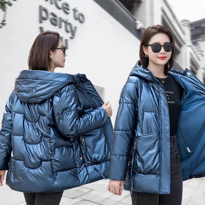 Nuova Giacca Invernale 2026 per Donna, Parka Lucido Imbottito in Cotone, Giacca Femminile Tinta Unita, Cappotto Caldo con Cappuccio