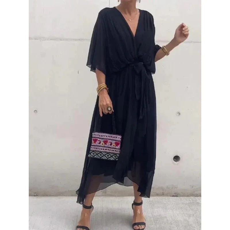 Abiti da festa eleganti in chiffon solido per le donne Sexy scollo a V maniche a pipistrello Lace Up Ruffles Abito lungo irregolare Abito casual Femme