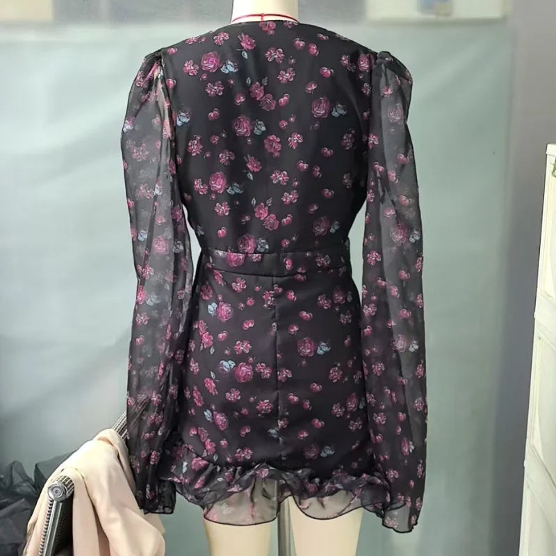 Elegante Abito Mini con Volant e Stampa Floreale, Maniche Lunghe, Scollo a V Profondo, Vestito Slim a Linea A per Donna, Nuovo Abito da Festa 2026