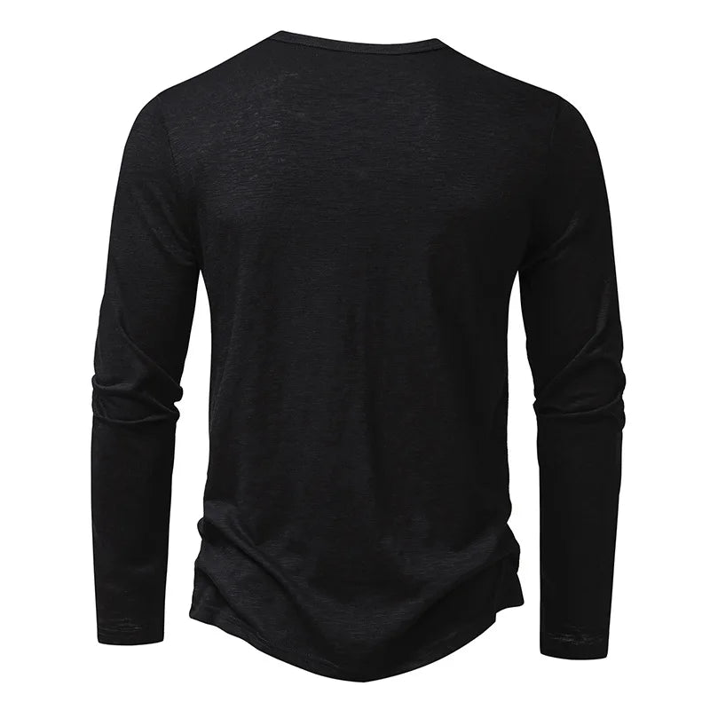 Camicia da uomo in cotone con bottoni e collo a Henley, manica lunga, bottoni casual, tinta unita, magliette alla moda