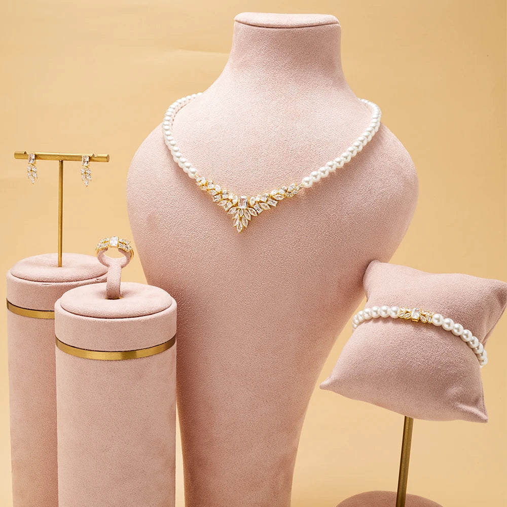 017068 Women Pearl Necklace Sets Cubic Zirconia Jewelry Set Dubai Dinner Suit Party Engagement Handmade Jewelry Accessories