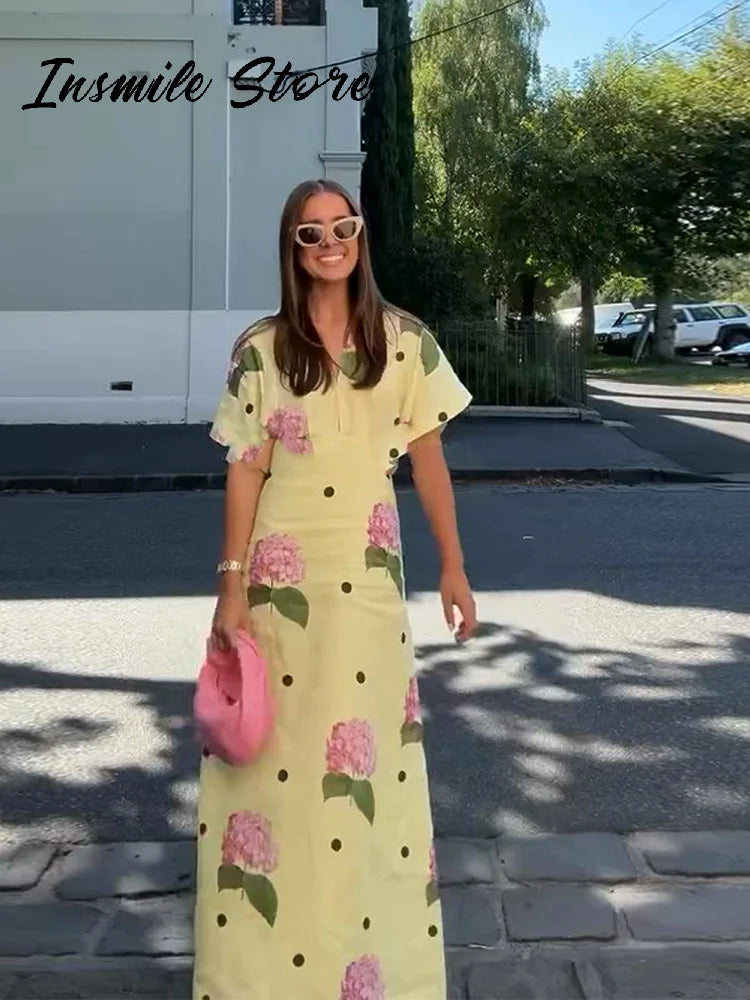 Abito da donna stampato a fiori casual Abito lungo femminile allentato a maniche corte con scollo a V profondo 2025 Primavera Estate Nuova moda Lady Robe