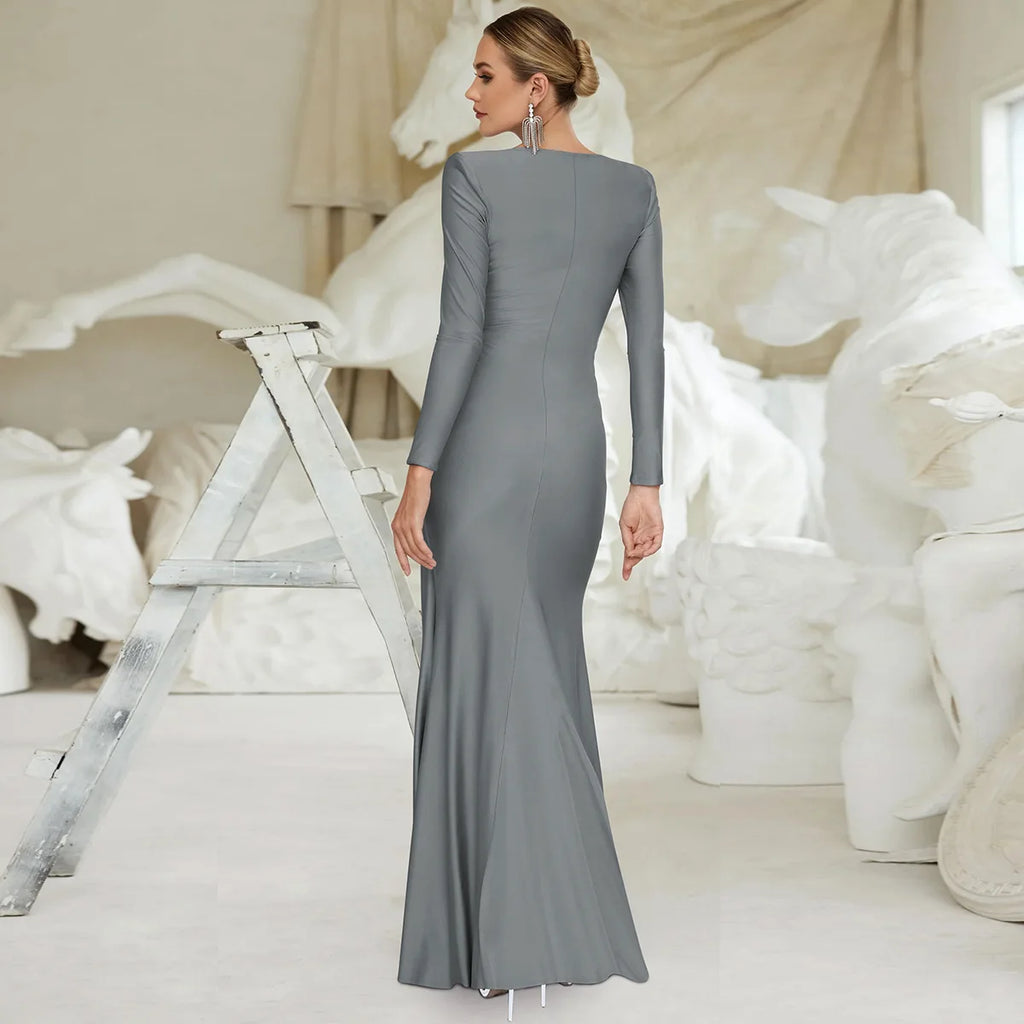 Abito da sera elegante da donna, manica lunga, o-collo, increspato, moda, abiti lunghi, donna, night club, streetwear, outfit autunnale