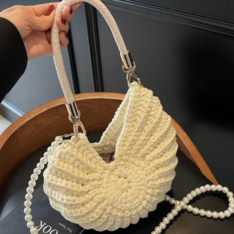 Borse a tracolla da donna all'uncinetto a forma di conchiglia creativa Divertenti catene di perle carine Borsa a tracolla in tessuto fatto a mano Novità piccole borse