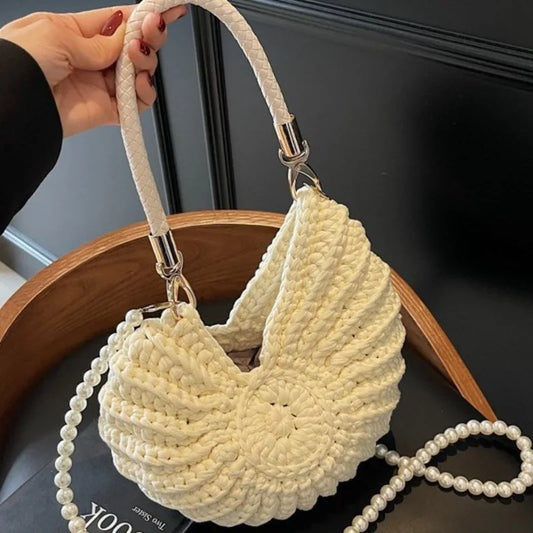 Borse a tracolla da donna all'uncinetto a forma di conchiglia creativa Divertenti catene di perle carine Borsa a tracolla in tessuto fatto a mano Novità piccole borse