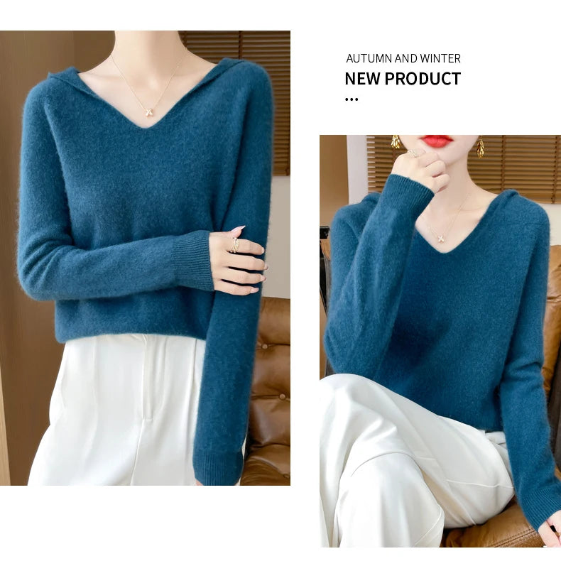 Abbigliamento donna autunno inverno colletto con cappuccio pullover maglione di lana merino 100% nuova moda top in cashmere che tocca il fondo maglieria morbida