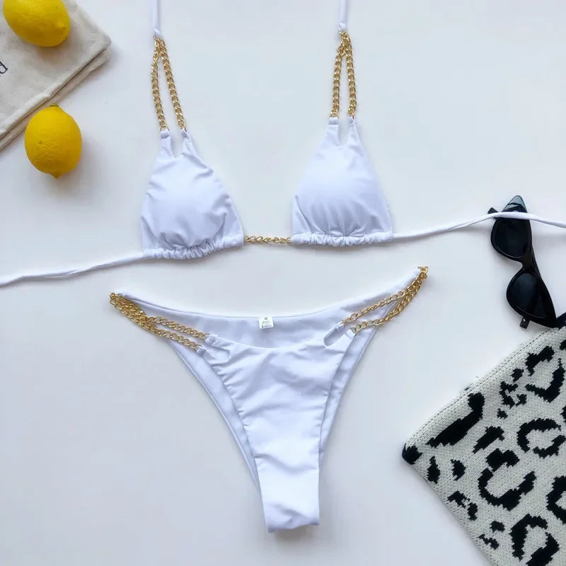 Micro Bikini Sexy 2026 Nero Solido con Reggiseno Push-Up e Cinghie Metalliche, Costume da Bagno Brasiliano, Perizoma, Biquini