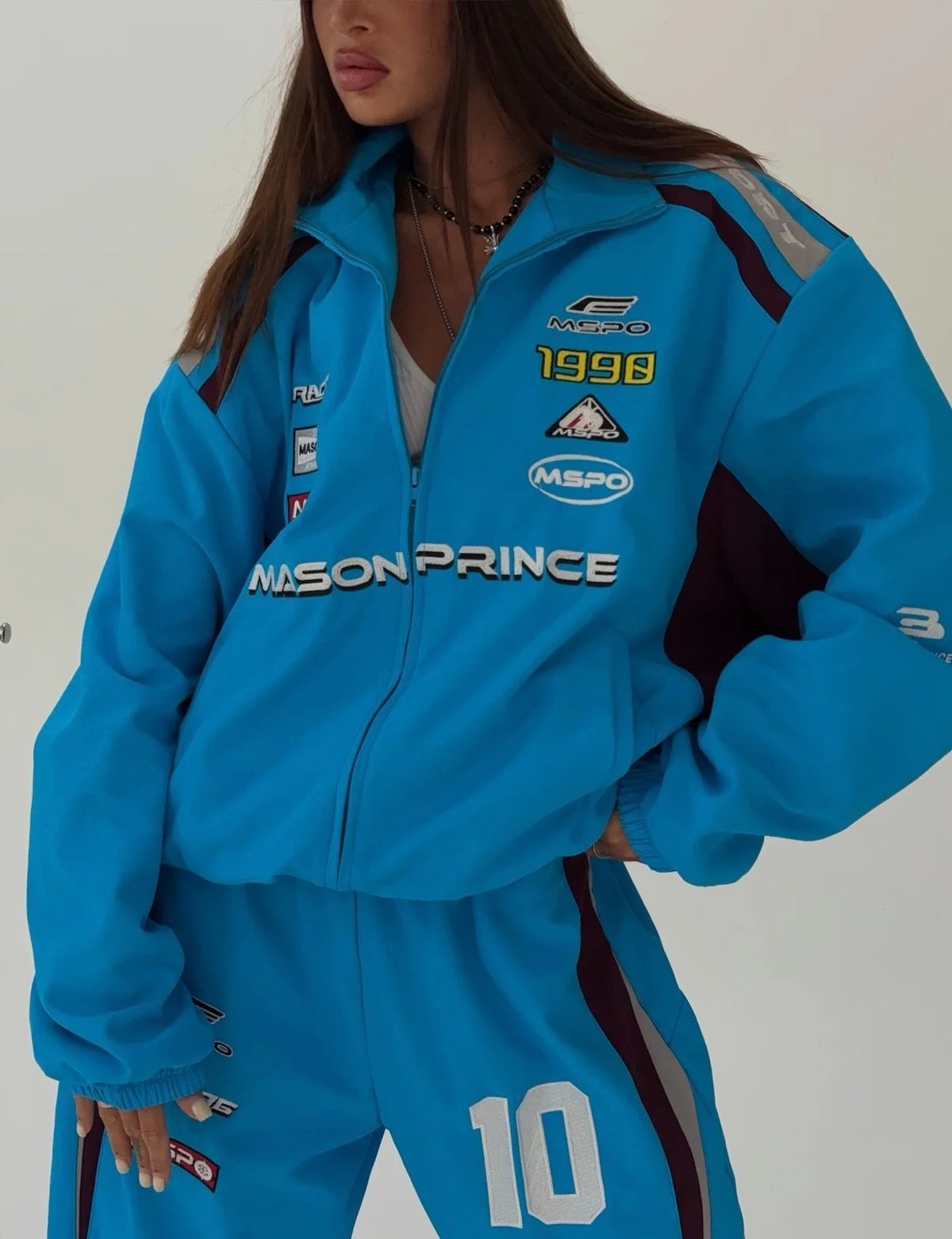 2026 Set Giacca e Pantaloni Sportivi Stile Harajuku Blu a Contrasto, Giacca con Ricamo Americano e Colletto Alto, Pantaloni a Gamba Larga