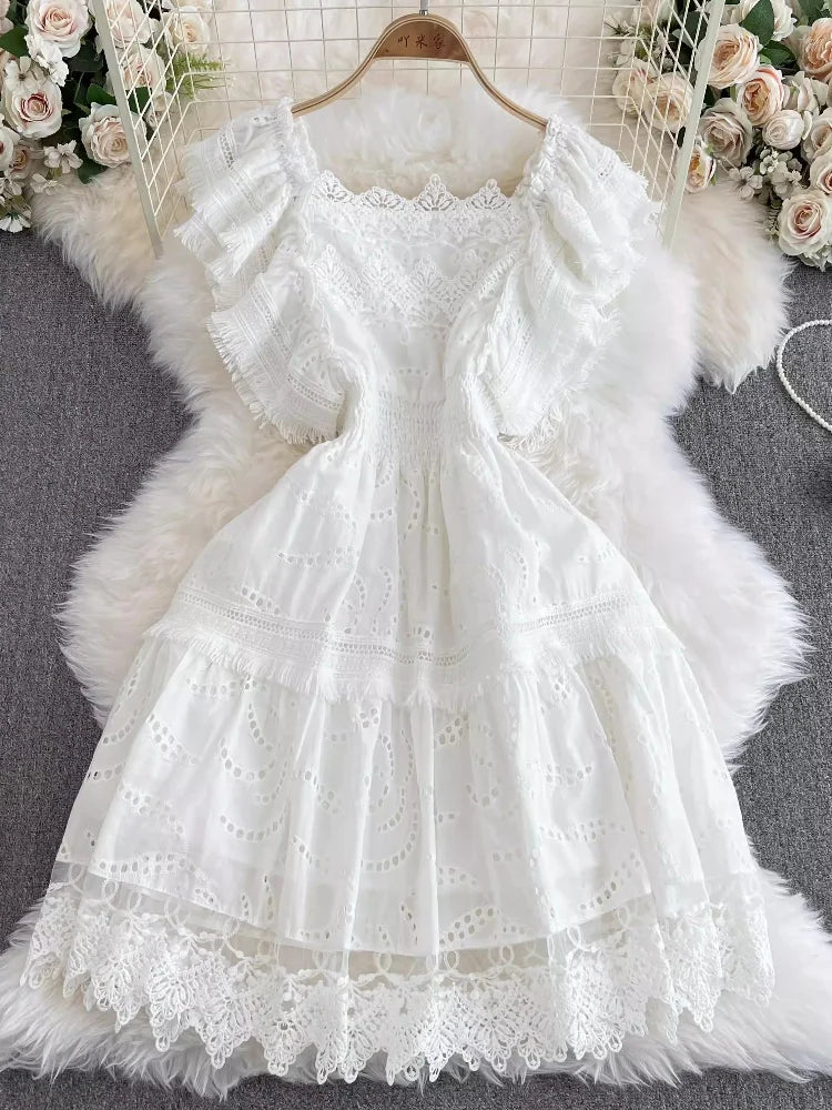 Abito da festa elegante da donna abito estivo Vintage con scollo quadrato e volant manica corta abiti coreani da donna Slim a-line abito lungo con scollo alto