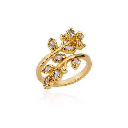 Anelli a foglia a doppio strato con zirconi di lusso per le donne Anello in acciaio inossidabile color oro Boho Coppia gioielli Accessori anelli mujer