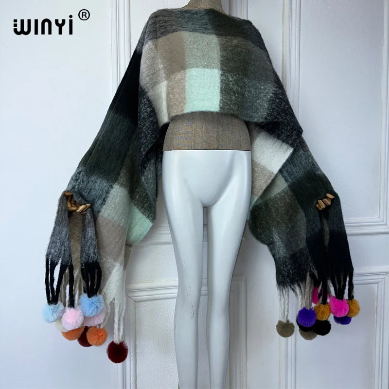 WINYI inverno Plaid nappa abito lavorato a maglia mantello moda Abito da vacanza Elegante poncho invernale per le donne mantello allentato boho abbigliamento donna
